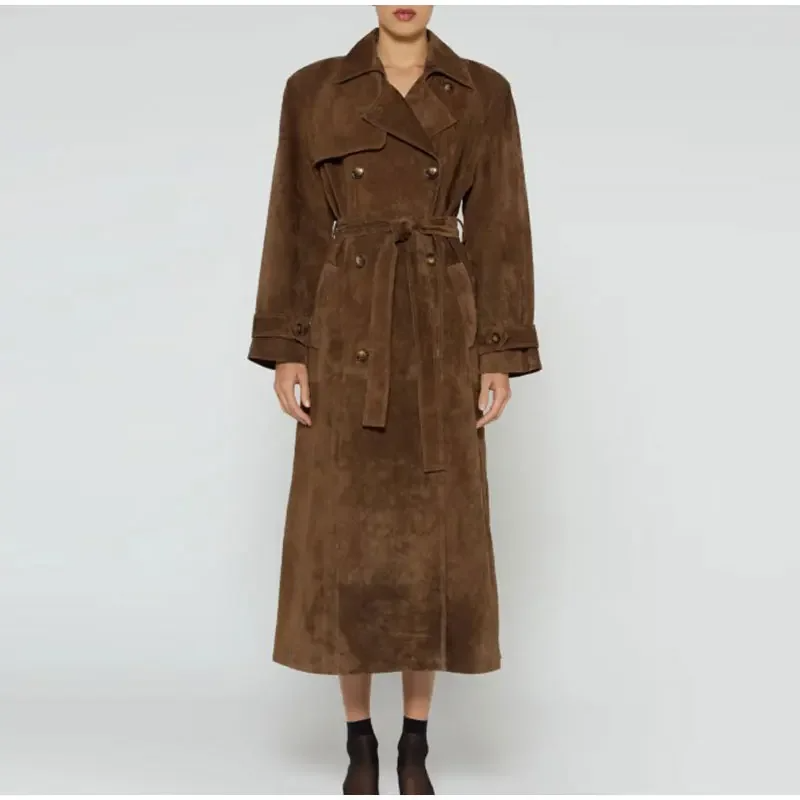 Drune | Trenchcoat - Wildleder-Textur - Taillierte Passform - Doppelt knöpfbar - Mit Gürtel in voller Länge