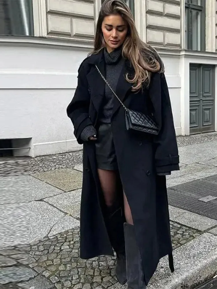 Drune | Damen Langer Übermantel – Wolle – Lockerer Schnitt – Zweireihig – Strukturiertes Schulterdesign