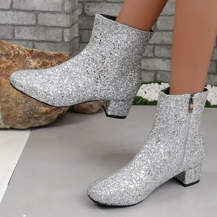 Drune | Stiefeletten - Textil - Glitzer-Finish - Mandelförmige Zehen - Mittlerer Blockabsatz