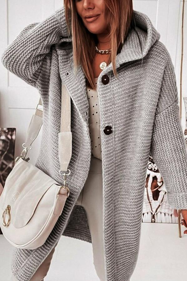 Drune | Strickjacke Grobstrick Kapuze Lang Knopfverschluss