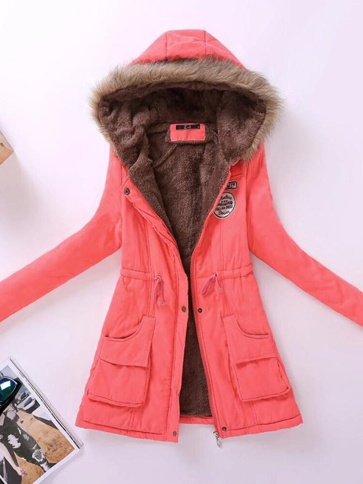 Drune | Parka Jacke Warme Fütterung Kapuze Mit Pelzbesatz Reißverschluss & Knöpfe Verstellbare Taille