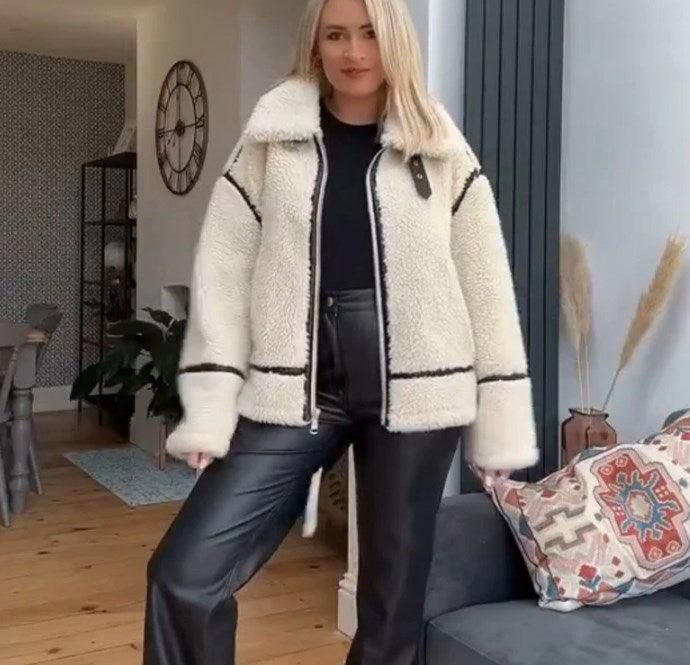 Drune | Trim Sherpa-Jacke - vom Flieger inspirierter Stil - Winterwärme - Off-White