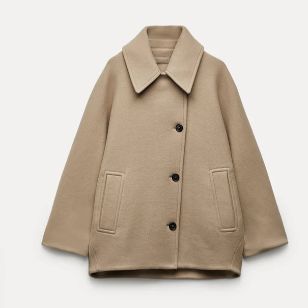 Drune | Damen Wollmantel – Oversized Passform – Breiter Kragen – Knopfverschluss – Mittellang – Taschen