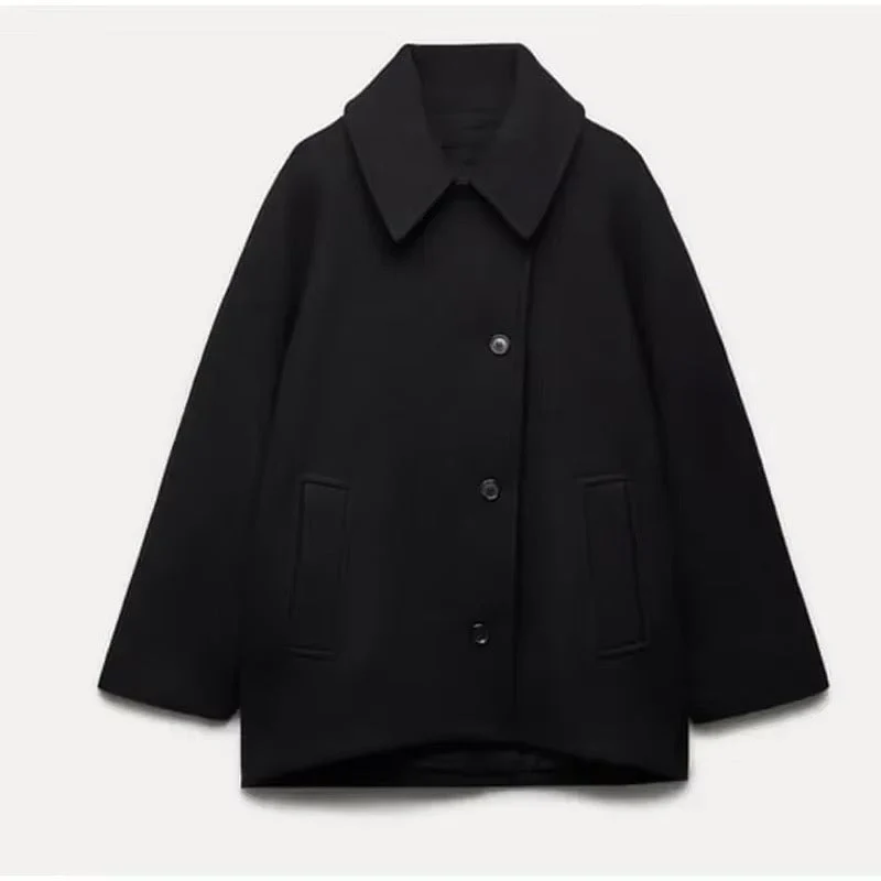 Drune | Damen Wollmantel – Oversized Passform – Breiter Kragen – Knopfverschluss – Mittellang – Taschen