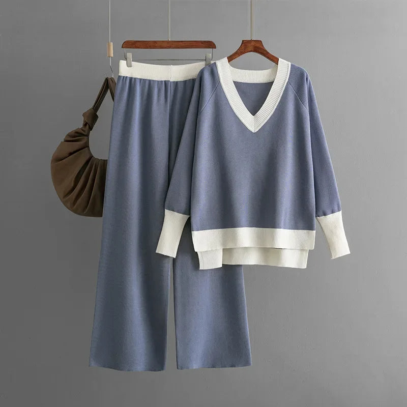 Drune | Stilvolles Set Aus Langärmligem Strickoberteil Und Hose Mit V-Ausschnitt