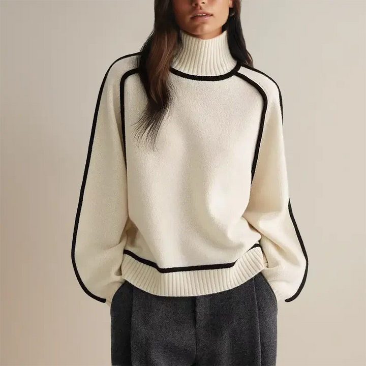 Drune | Pullover Sweatshirt - Relaxed Fit - Mock-Turtleneck - Gerippte Bündchen - Wollmischung - Kontrastpaspel