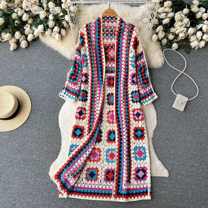 Drune | Gehäkelte Lange Granny Square Strickjacke