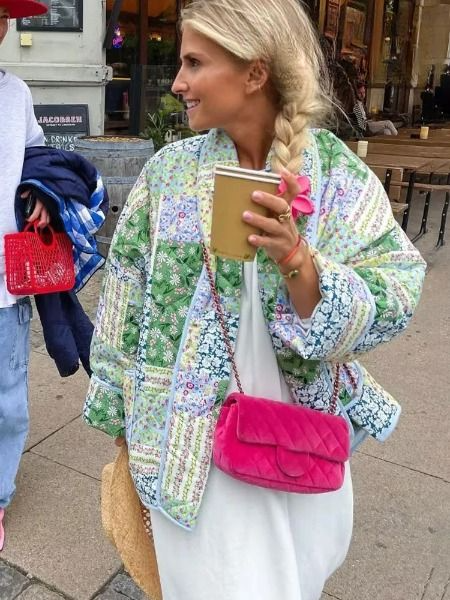 Drune | Patchwork Damenjacke - Vintage Steppjacke im Boho-Stil mit Knopfleiste