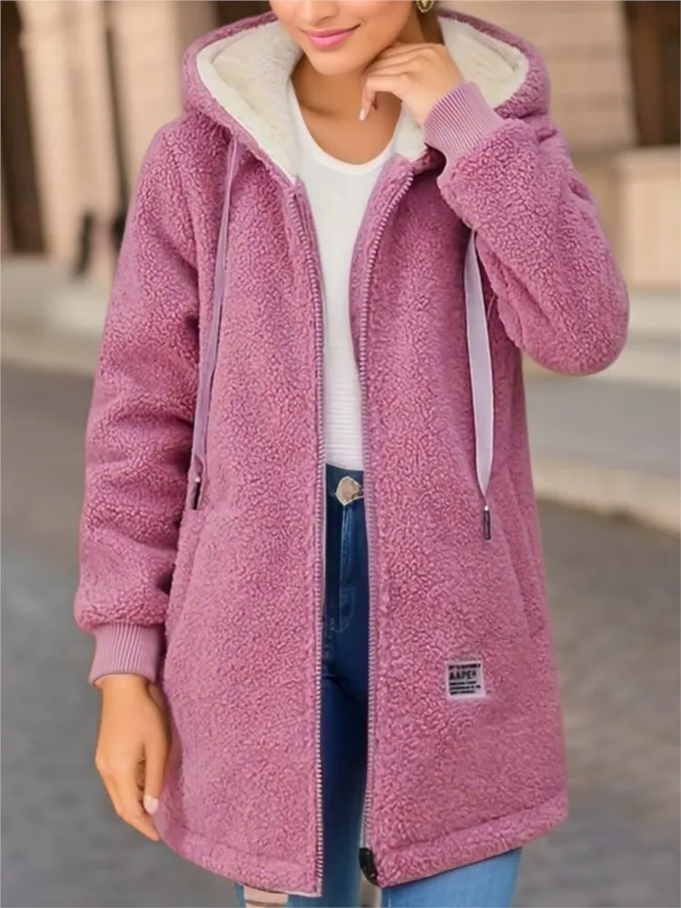 Drune | Damen Mid-Length Mantel – Fleece-Futter – Lockere Passform – Mit Kapuze, Reißverschluss & Zugband