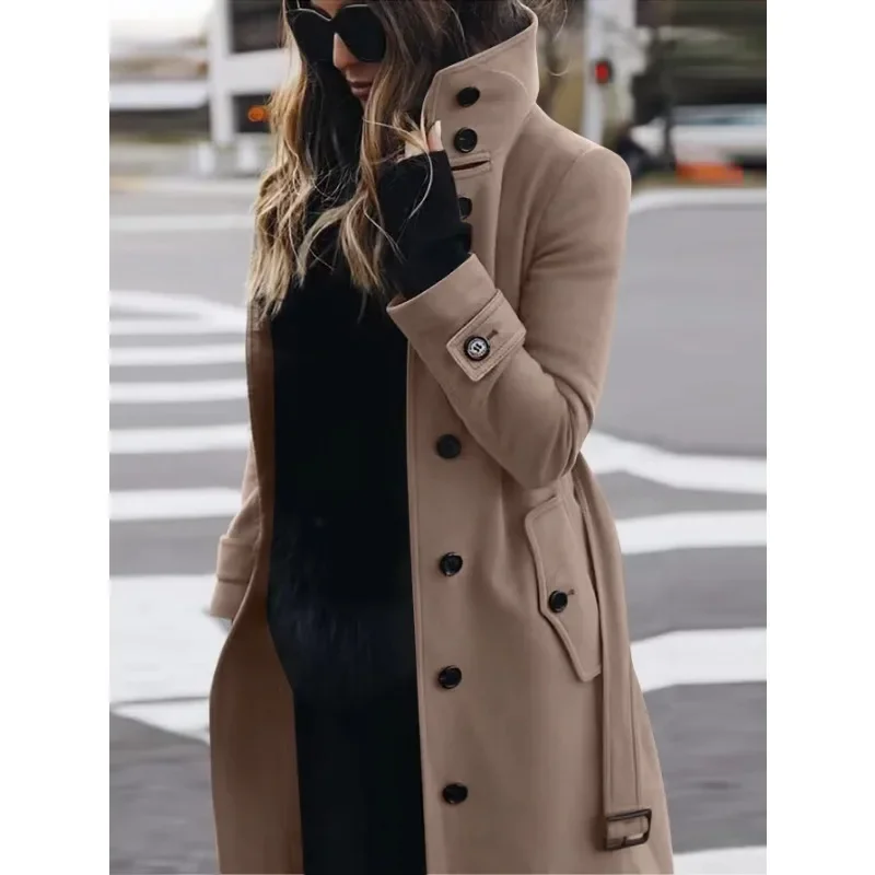 Drune | Damen Wollmantel – Slim Fit – Einreihig – Stehkragen – Vollständig Länge