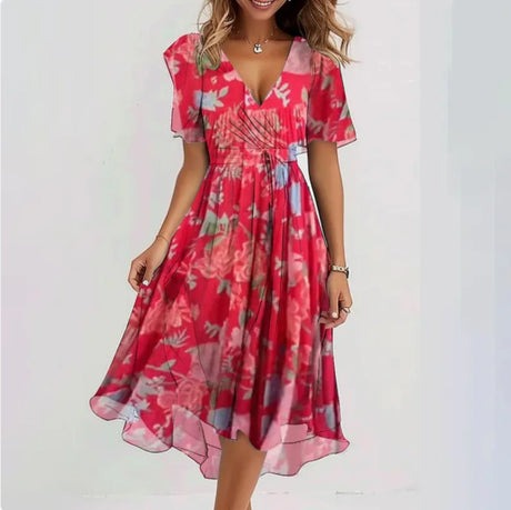 Drune | Blumen V-Ausschnitt Kleid mit Fließendem Rock für Frauen