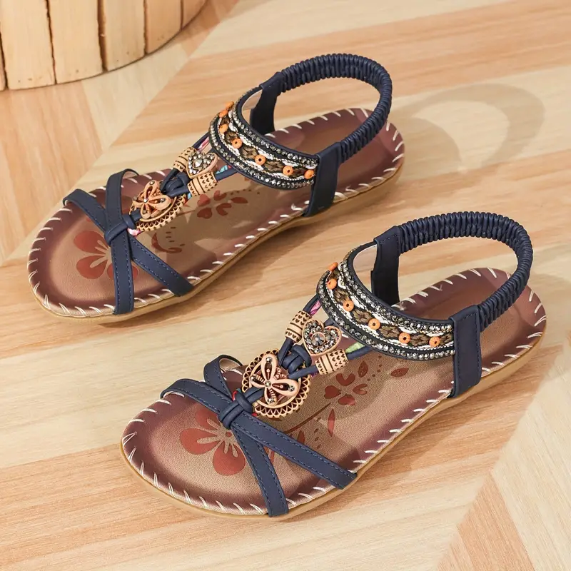 Drune | Boho Strass Stil Offene Zehen Elastische Riemen Sandalen