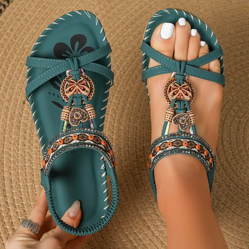 Drune | Boho Strass Stil Offene Zehen Elastische Riemen Sandalen