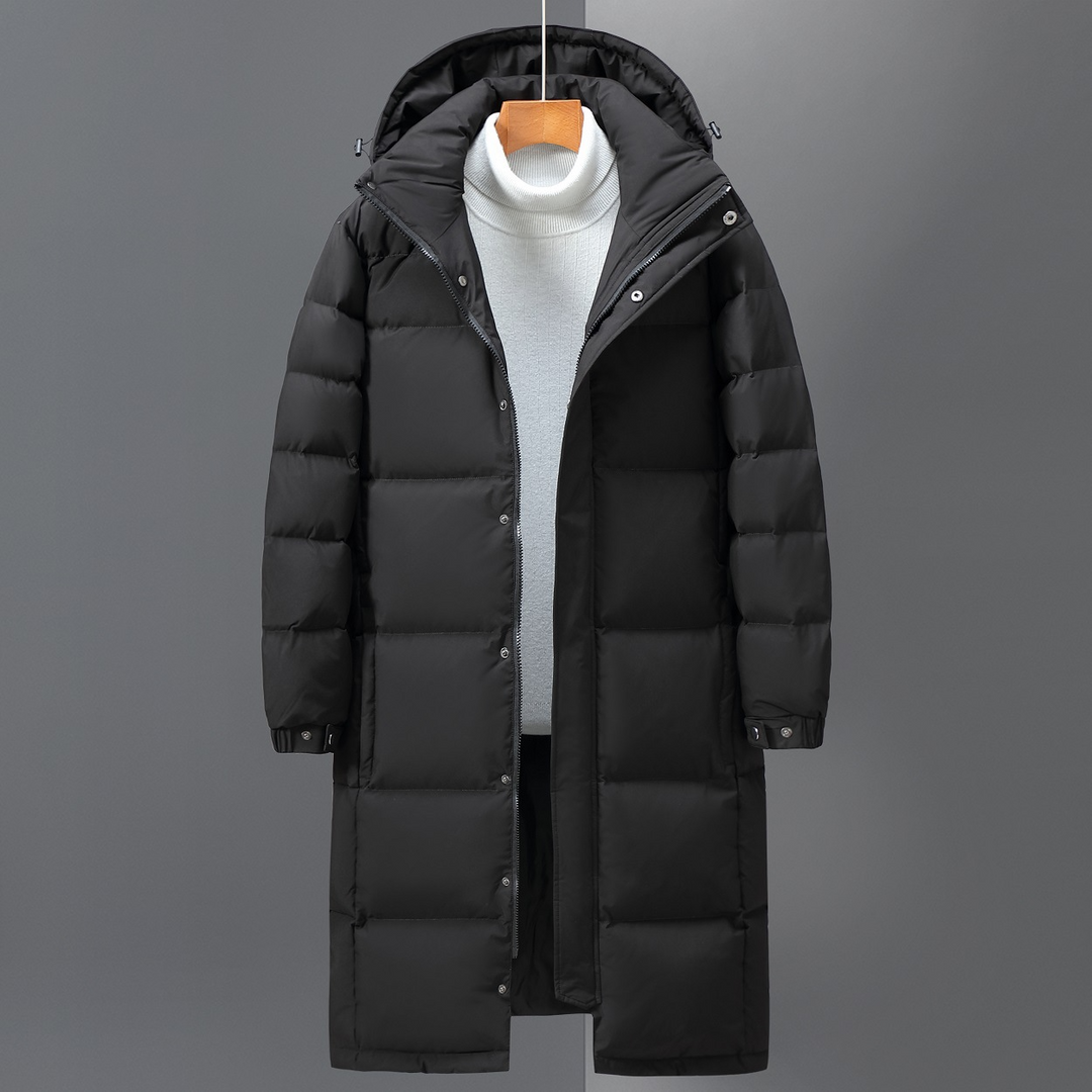 Drune | Pufferjacke Glattes Gewebe Lässige Passform Maxi Länge Angeschnittene Kapuze