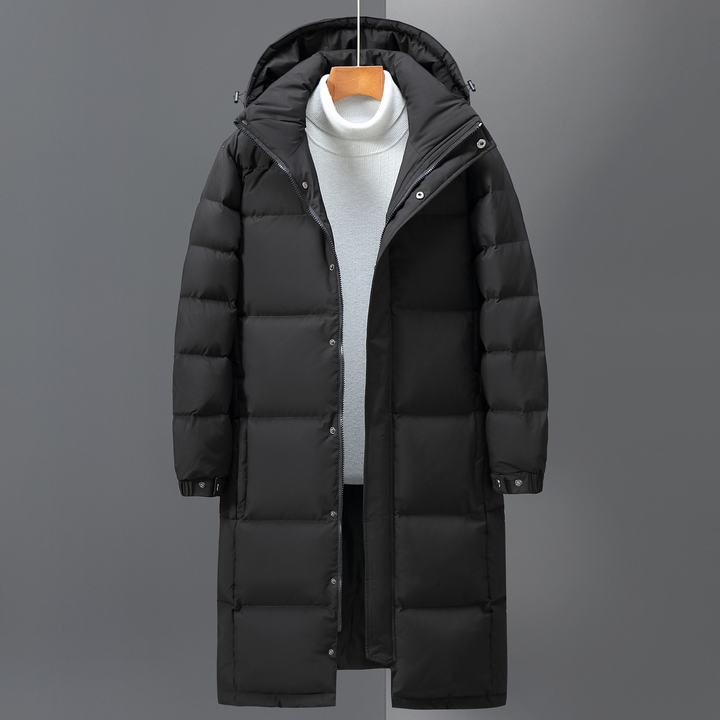 Drune | Pufferjacke Glattes Gewebe Lässige Passform Maxi Länge Angeschnittene Kapuze