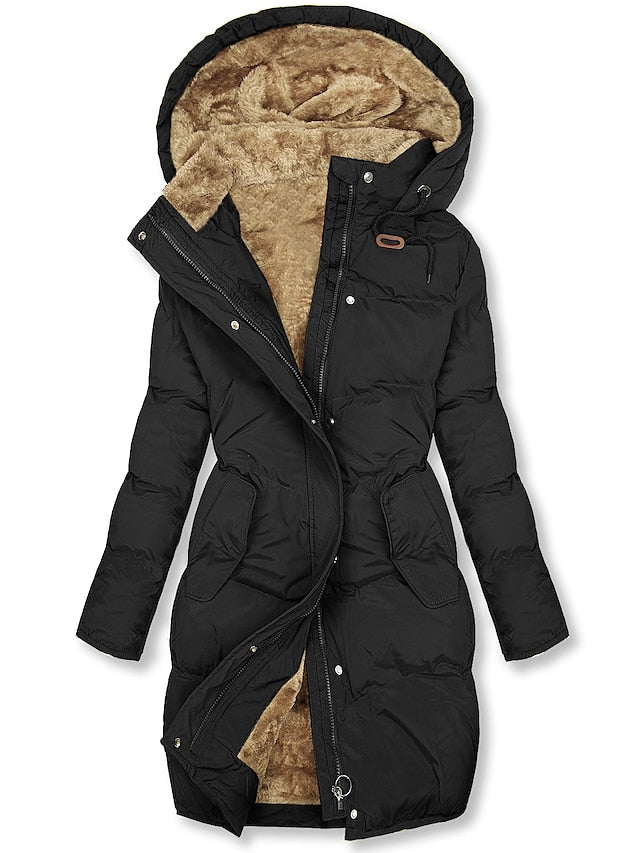 Drune | Damen Mid-Length Hoodie Mantel – Mit Fell gefüttert – Gepolstert und gesteppter – Lockere Passform