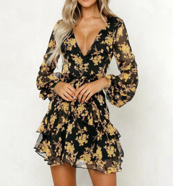 Drune | Kleid Blumen Blatt Druck Laternenärmel Empire