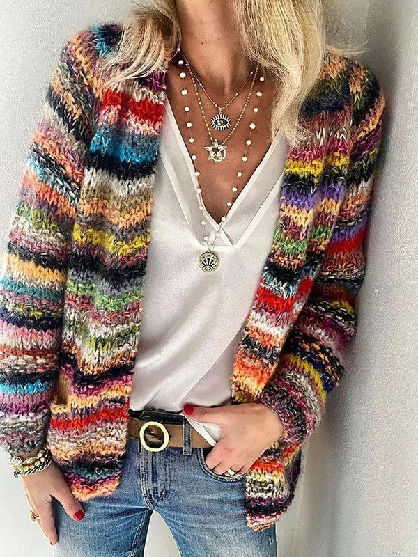 Drune | Strickjacke Lockerer Schnitt Weiche Grob Gestrickte Offene Vorderseite Gestreiftes Design
