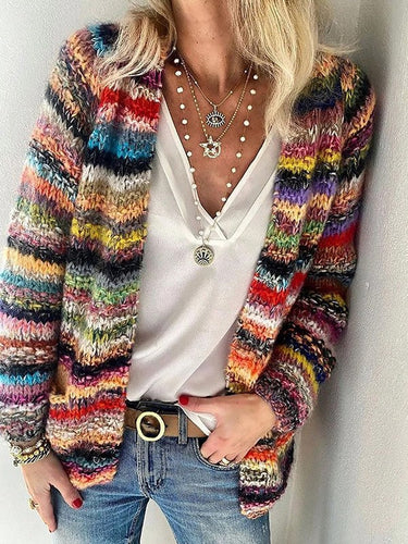 Drune | Strickjacke Lockerer Schnitt Weiche Grob Gestrickte Offene Vorderseite Gestreiftes Design