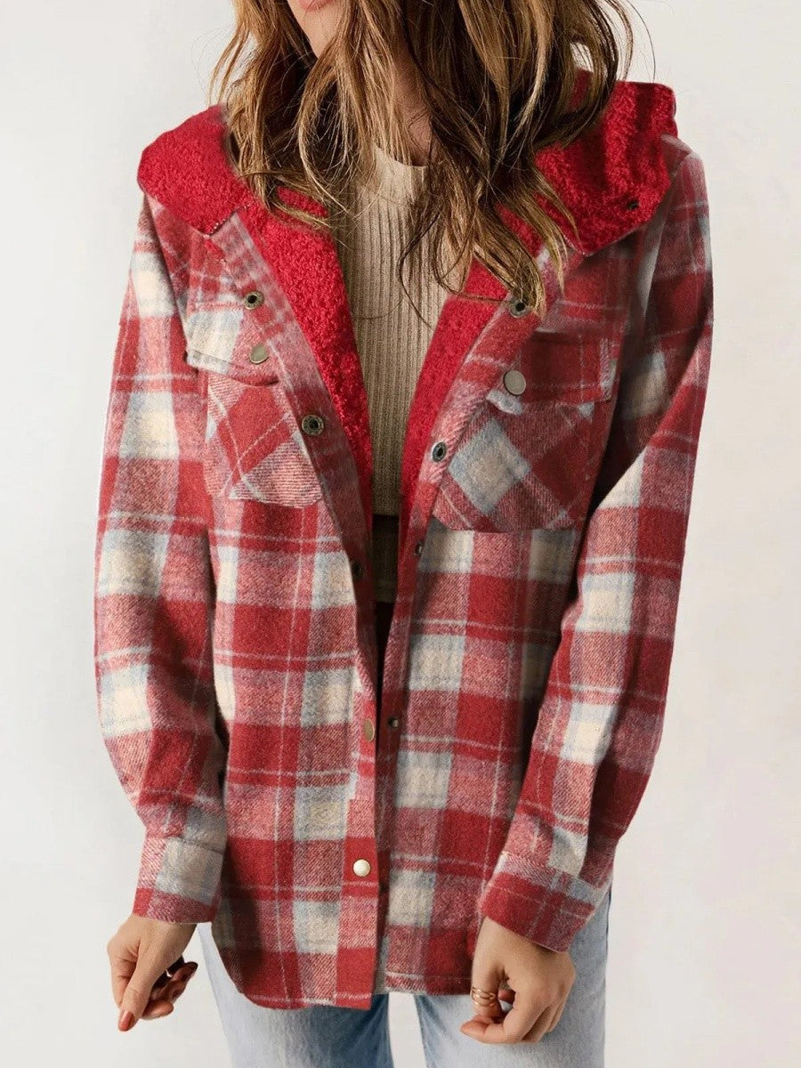 Drune | Shacket Lockere Passform Weiches Fleece Futter Karomuster Mit Kapuze