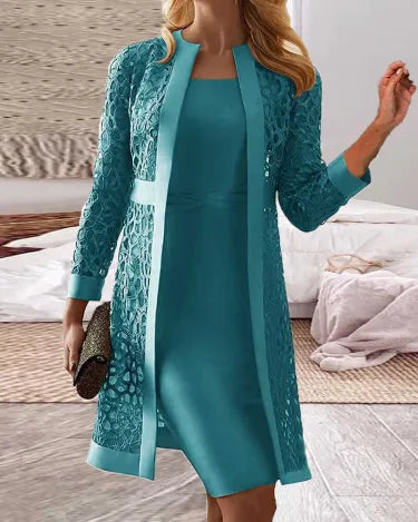 Drune | Damen Spitze Strickjacke Kleid Zweiteiliges Set