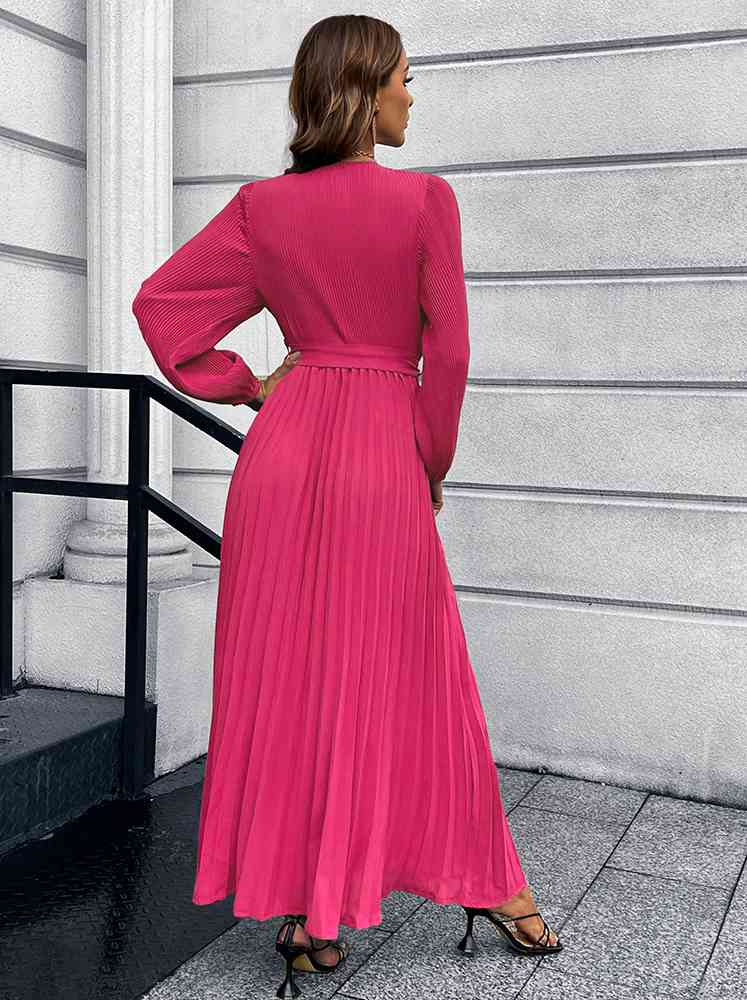 Drune | V-Ausschnitt Bindegürtel Falten Maxi Kleid