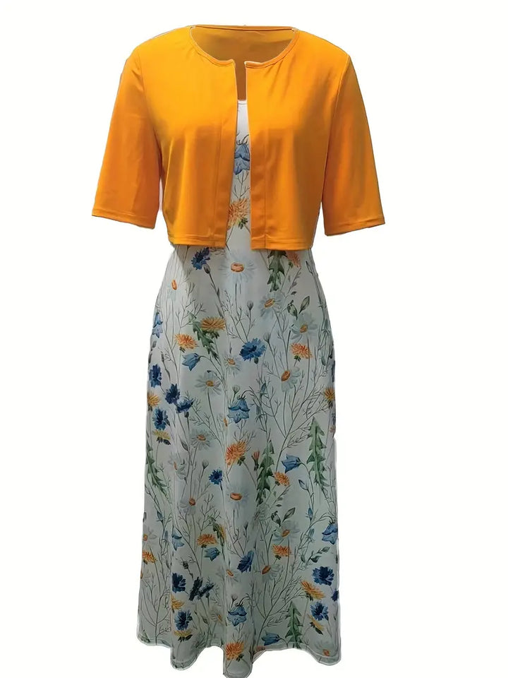 Drune – elegantes zweiteiliges blumenkleid-set mit einfarbigem crop-top und kleid mit rundhalsausschnitt