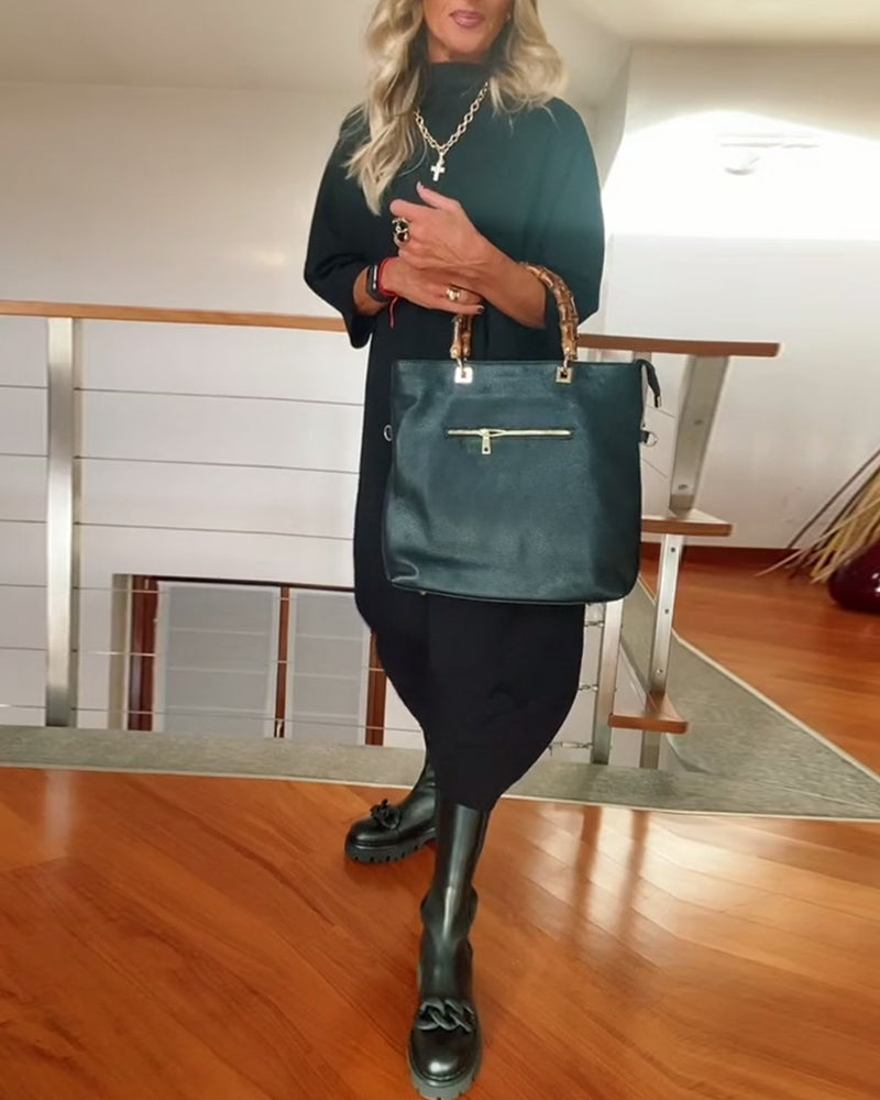 Drune | Einfarbiges Lockeres Freizeitkleid mit Hohem Kragen