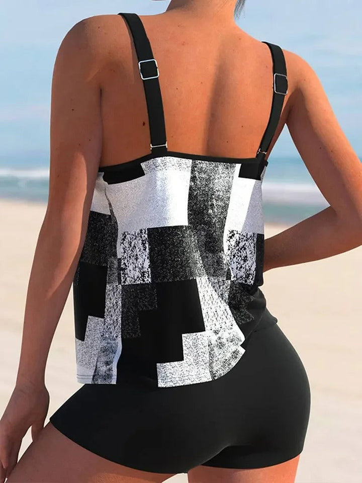 Drune Tankini mit doppeltem Träger und geometrischem Aufdruck