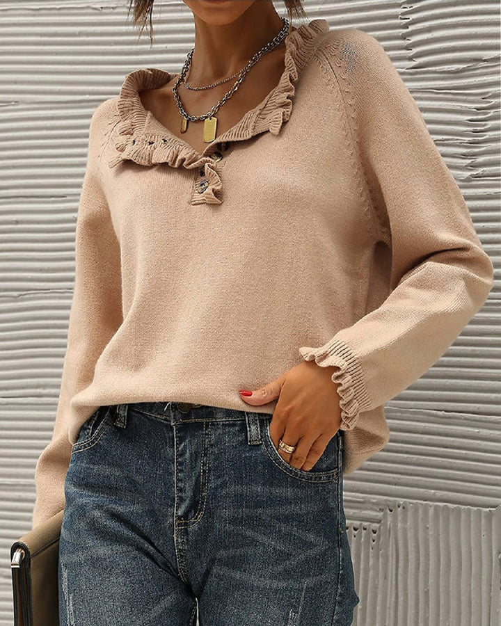 Drune | Lässiger Einfarbiger Pullover mit Reversknopf und Rüschen