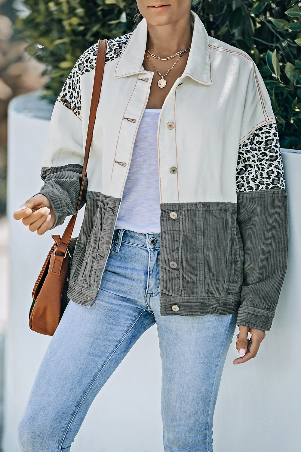 Drune | Leopard Farbblock Knopfleiste Cord Baumwolljacke