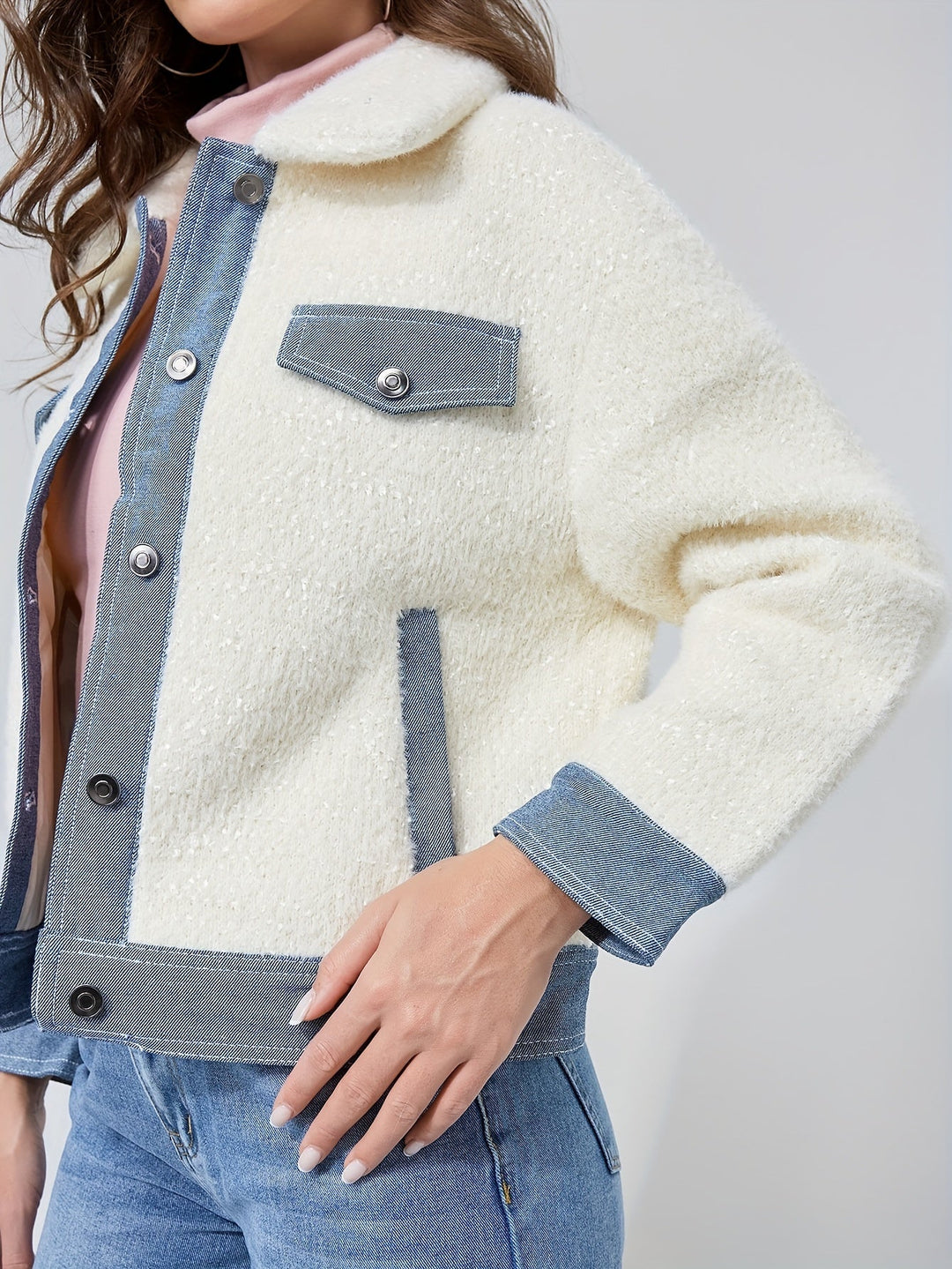 Drune | Kurze Teddyjacke mit Denimdetails Polyester und Baumwolle Trendy und Komfortabel