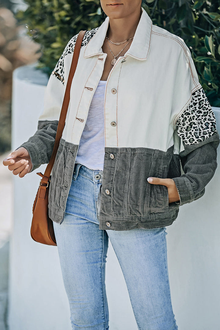 Drune | Leopard Farbblock Knopfleiste Cord Baumwolljacke