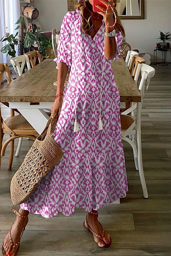 Drune | Geometrischer Druck Freizeit V-Ausschnitt Maxi-Kleid