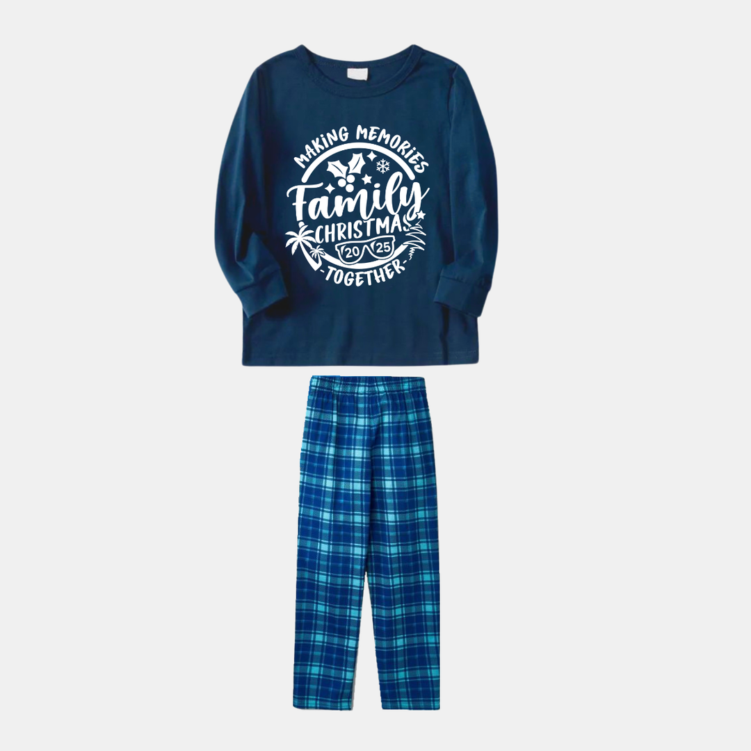 Drune | Weihnachts Erinnerungen Gemeinsam 2025 Druck Blau Langarmoberteil Mit Blauem Karomuster Matching Familienpyjama