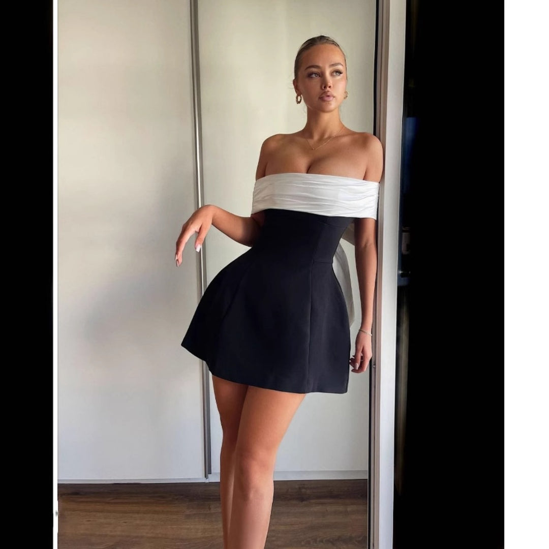 Drune | Ein-Wort-Schulter schwarz-weißes Kleid mit kontrastierender Schleife