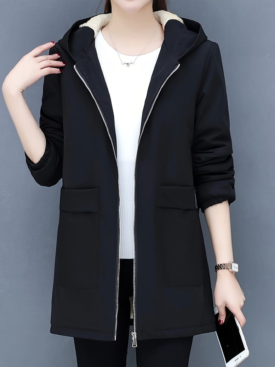Drune | Kapuzenmantel für Damen - schwarze Freizeitjacke
