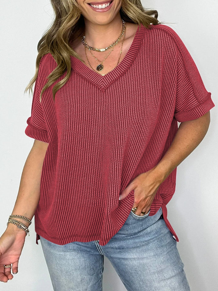 Drune | Cord-Ripp V-Ausschnitt Kurzarm T-Shirt