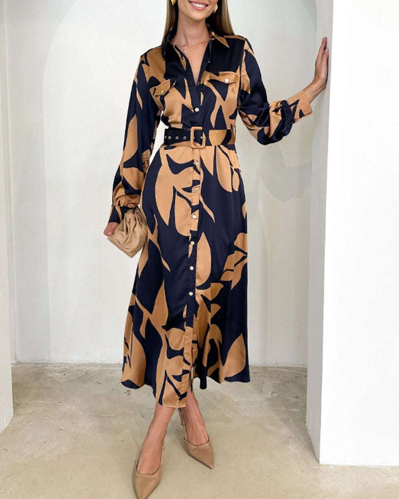 Drune | Kleid mit Langen Ärmeln und Revers Im Blattmuster