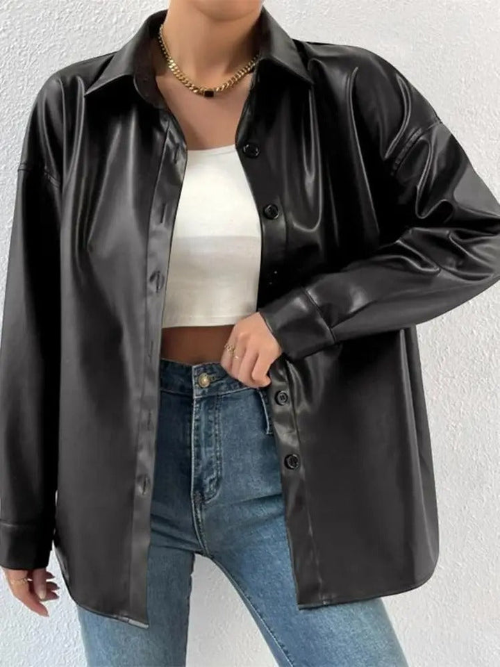 Drune | Vintage leather bomber jacket with lapel collar and button closure