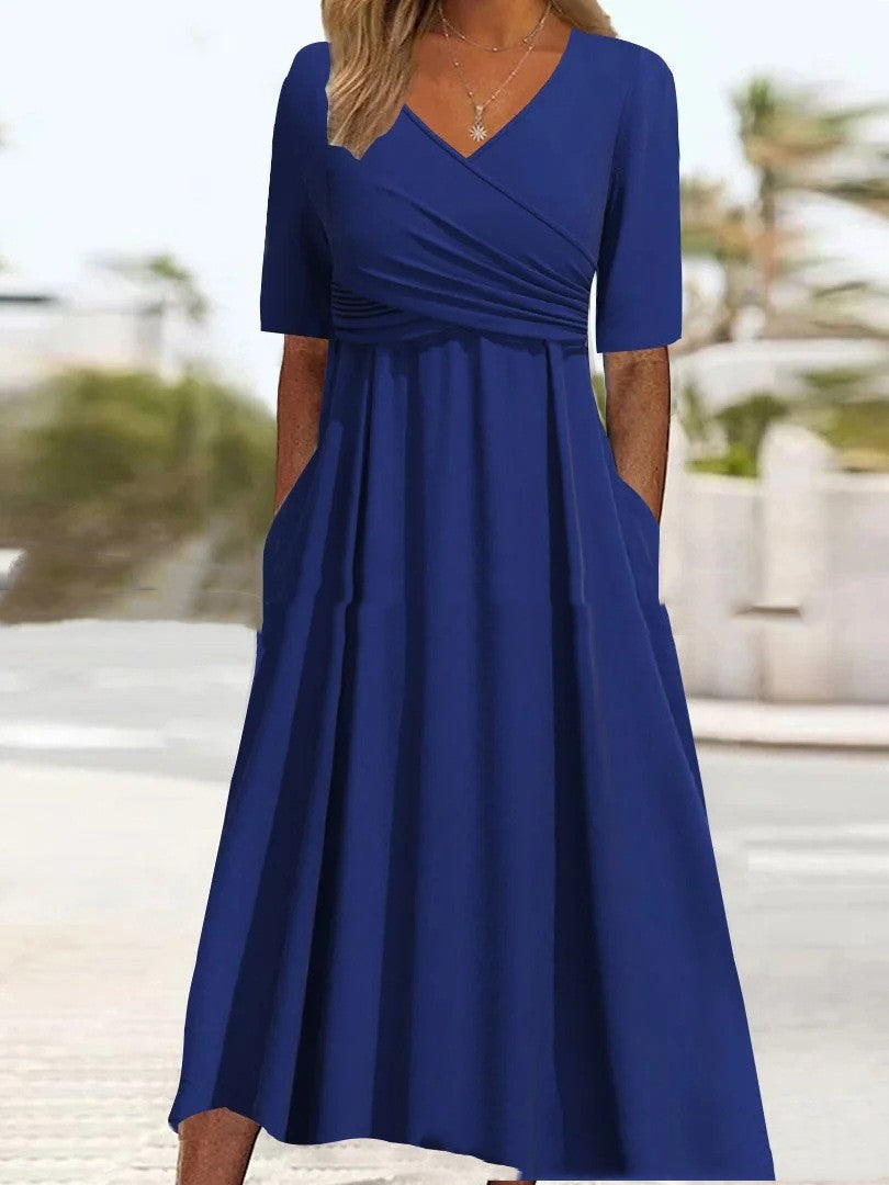 Drune | Blaues, Schlichtes Midikleid Mit V-ausschnitt