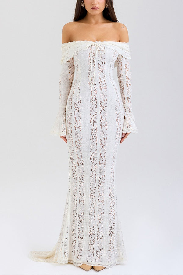 Drune | Blumen Spitze Off Shoulder Flare Ärmel Fishtail Maxi Kleider - Weiß