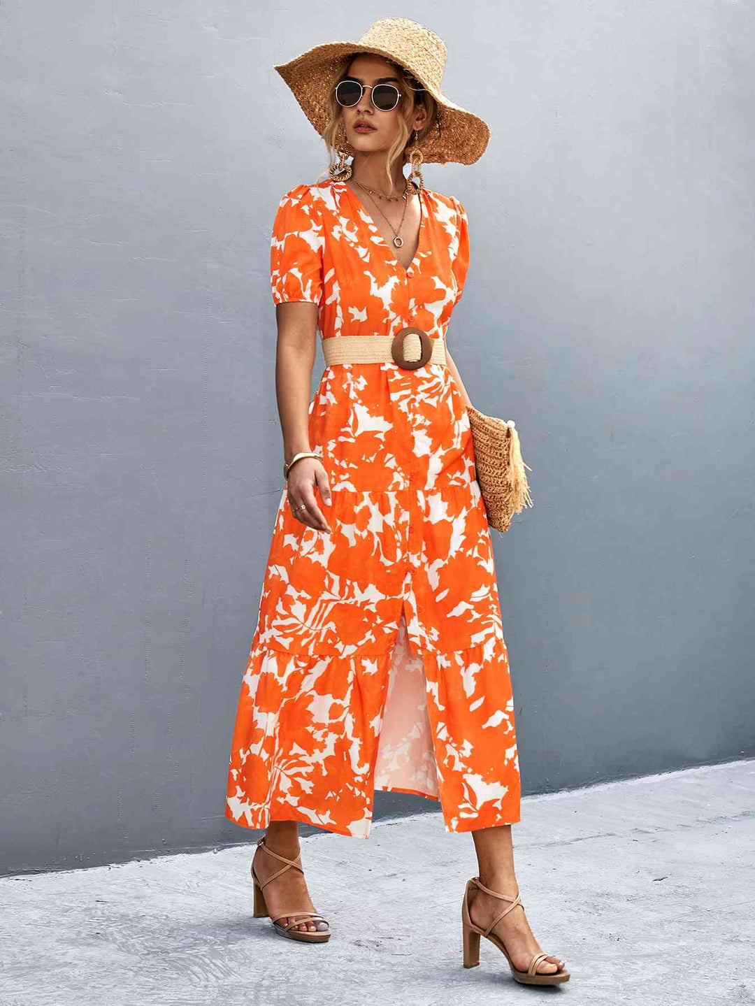 Drune | V-Ausschnitt Kurzarm Hohe Schlitz Midi Kleid