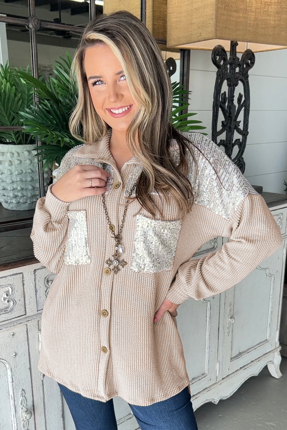 Drune | Rippierte Hemdbluse mit Silber Pailletten Polyester-mischung Elegant und Festlich