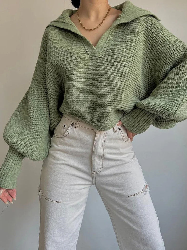 Drune | Cozy knitted sweater with lantern sleeves and open collar