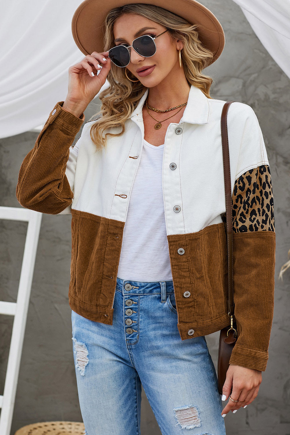Drune | Leopard Farbblock Knopfleiste Cord Baumwolljacke