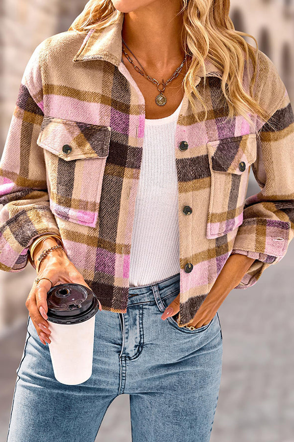 Drune | Pocket Fashion Casual Cropped Damen Karierte Jacke