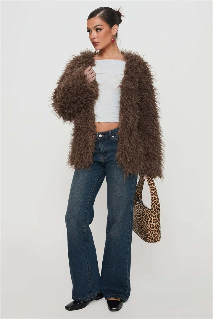 Drune | Fluffy Brown Faux Fur Übergroße Jacke