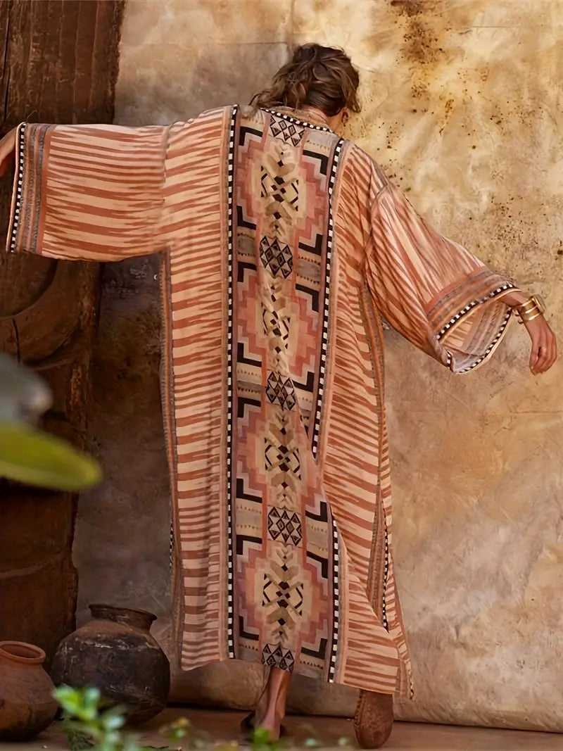 Drune | Boho Plus Size Kimono mit Bindegürtel Maxi Tunika