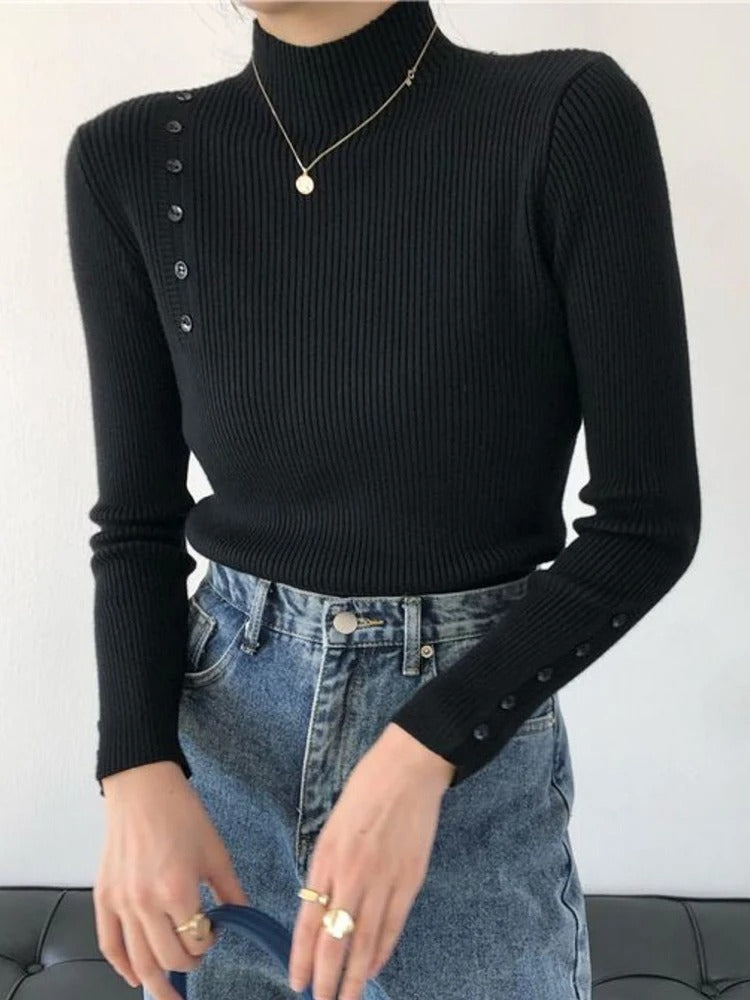 Drune | Eleganter Pullover mit Zierknöpfen und Stehkragen